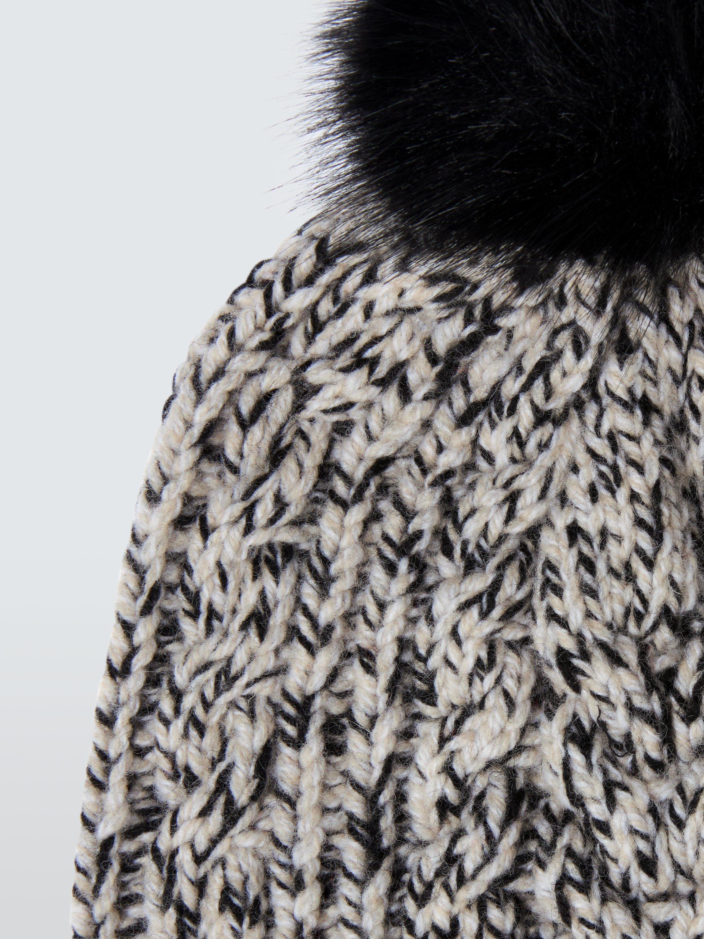 Product image 3 of 4, which shows John Lewis Wool Blend Cable Knit Pom Pom Beanie Hat, Black/Cream