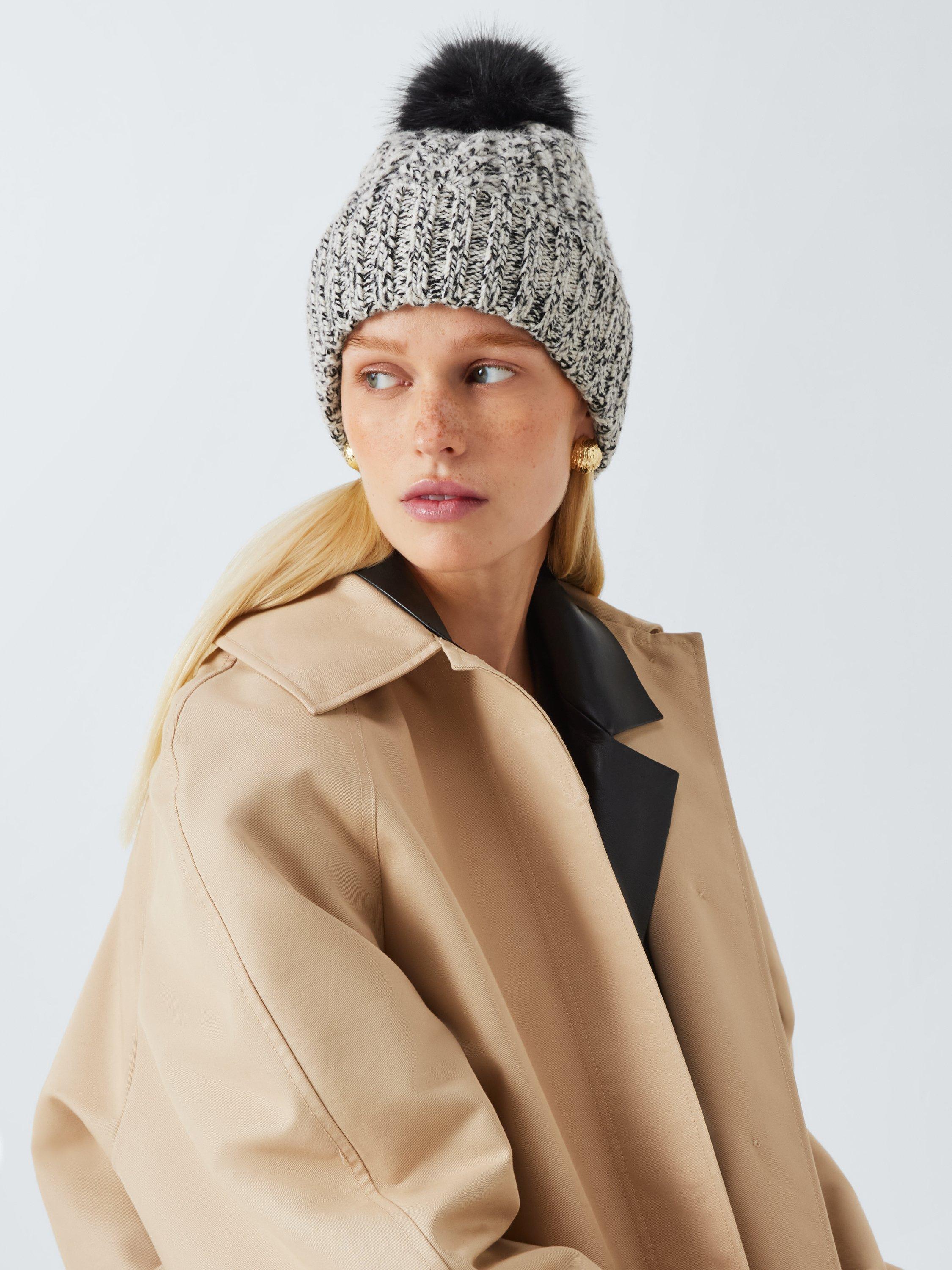 Product image 4 of 4, which shows John Lewis Wool Blend Cable Knit Pom Pom Beanie Hat, Black/Cream