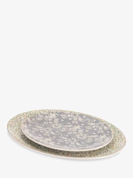 William Morris Oval Stoneware Serving Platters, Set of 2, 40cm, Green, 