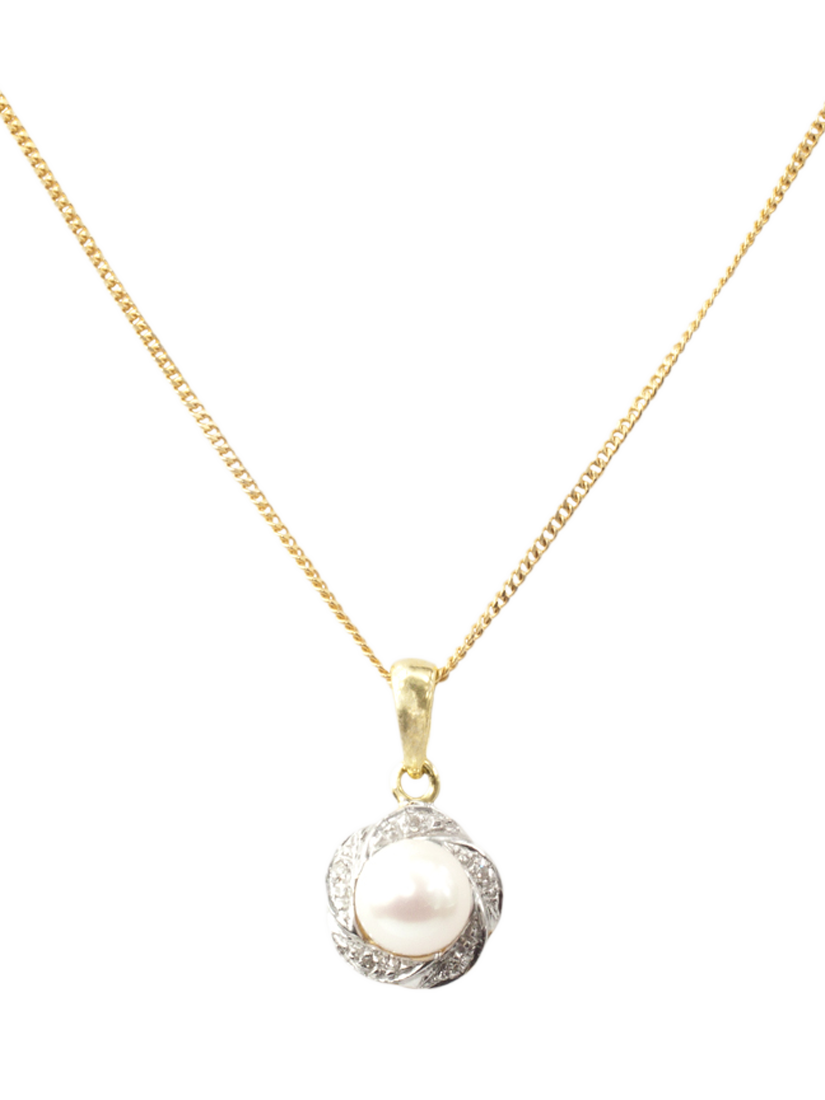 Product image 1 of 3, which shows E.W Adams 9ct Yellow Gold Diamond and Freshwater Pearl Swirl Pendant Necklace, Gold