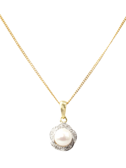 E.W Adams 9ct Yellow Gold Diamond and Freshwater Pearl Swirl Pendant Necklace, Gold, Gold