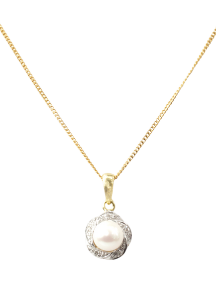 E.W Adams 9ct Yellow Gold Diamond and Freshwater Pearl Swirl Pendant Necklace, Gold, Gold