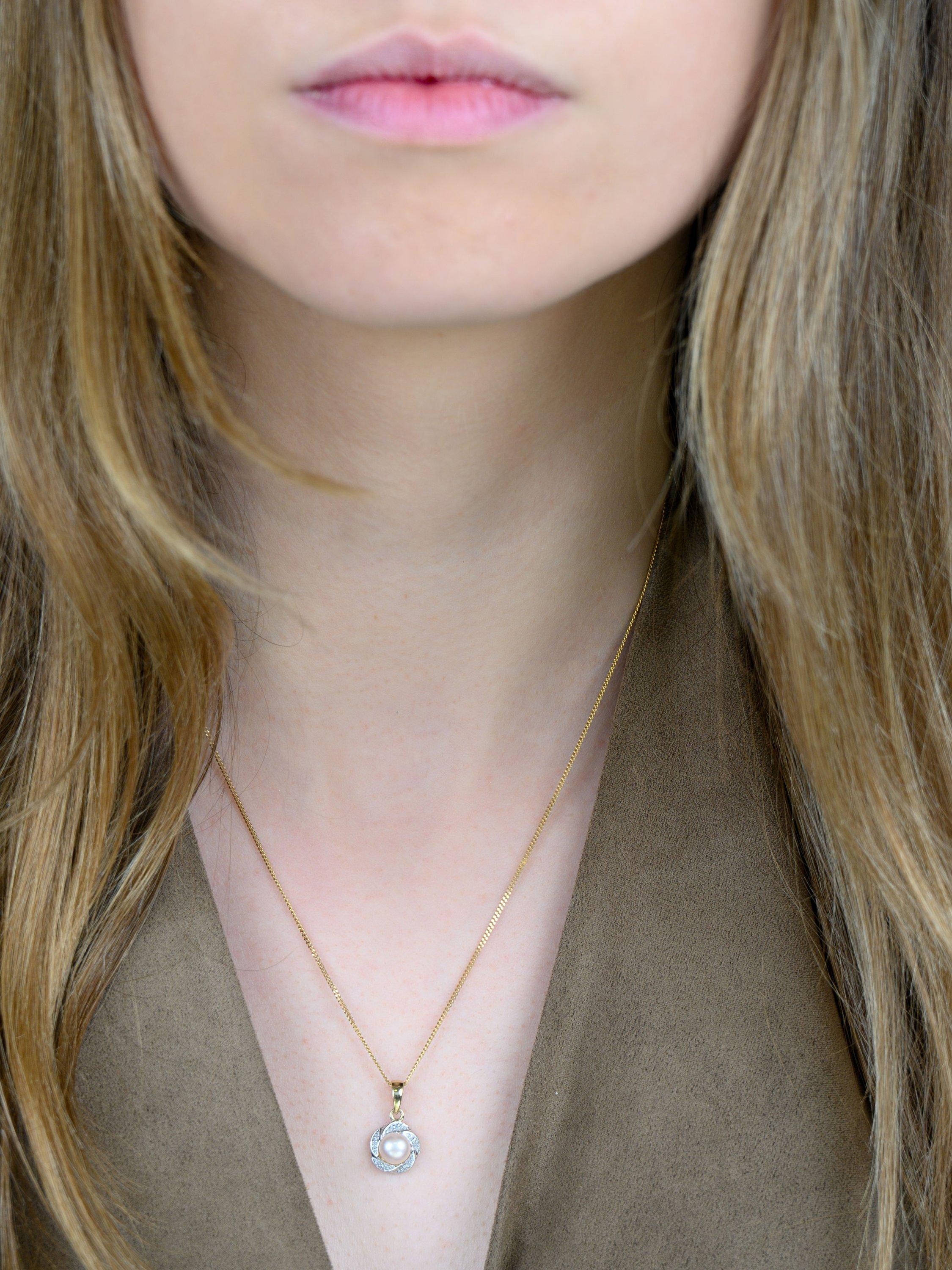 Product image 2 of 3, which shows E.W Adams 9ct Yellow Gold Diamond and Freshwater Pearl Swirl Pendant Necklace, Gold
