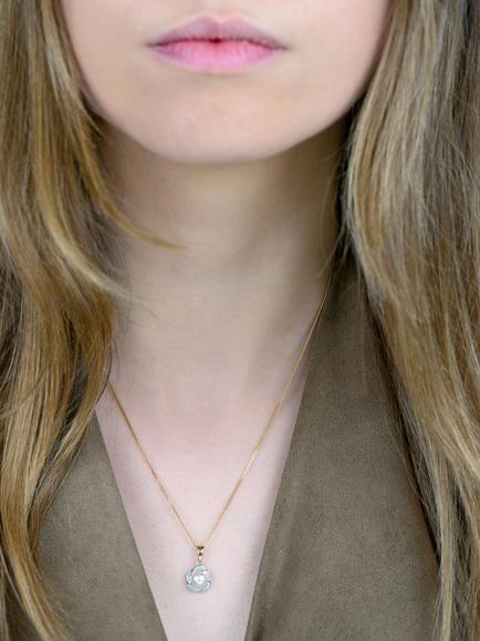 E.W Adams 9ct Yellow Gold Diamond and Freshwater Pearl Swirl Pendant Necklace, Gold - view 2, Gold