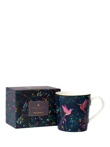 Sara Miller India Hummingbird Paradise 22ct Gold Fine China Mug, 344ml, Navy - view 2, Multi