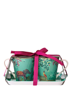 Sara Miller India Elephant Oasis 22ct Gold Porcelain Mugs & Melamine Tray Set, 180ml, Green - view 2, Multi