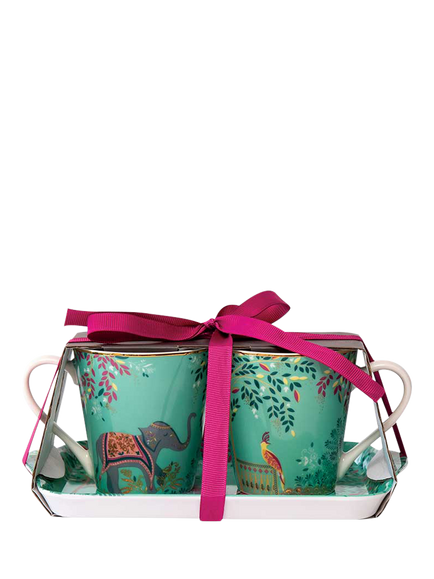 Sara Miller India Elephant Oasis 22ct Gold Porcelain Mugs & Melamine Tray Set, 180ml, Green - view 2, Multi