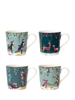 Sara Miller Woodland Tales 22ct Gold Porcelain Mug, Set of 4, 340ml, Multi, 