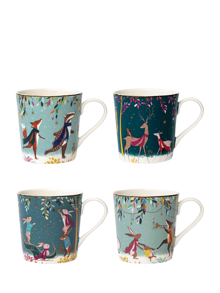 Sara Miller Woodland Tales 22ct Gold Porcelain Mug, Set of 4, 340ml, Multi, 