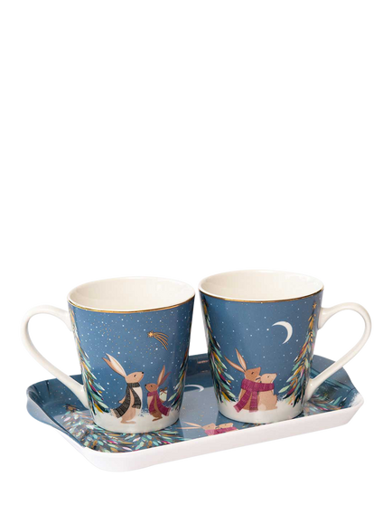 Sara Miller Woodland Tales 22ct Gold Fine China Mugs & Melamine Tray Set, Multi, 