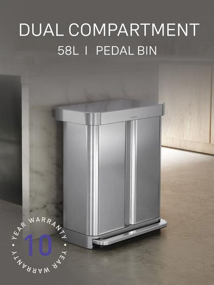 Simplehuman Recycling Pedal Bin with Liner Pocket, Brushed Stainless Steel, 58L - view 2, 