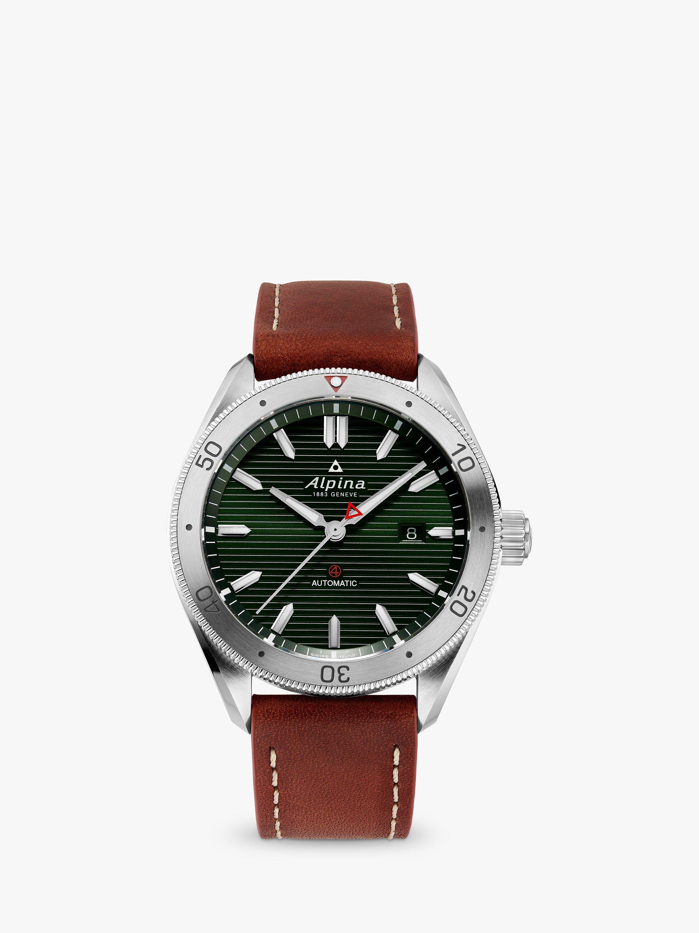Product image 1 of 1, which shows Alpina AL-525GR5AQ6 Men's Alpiner 4 Date Automatic Leather Strap Watch, Brown/Green