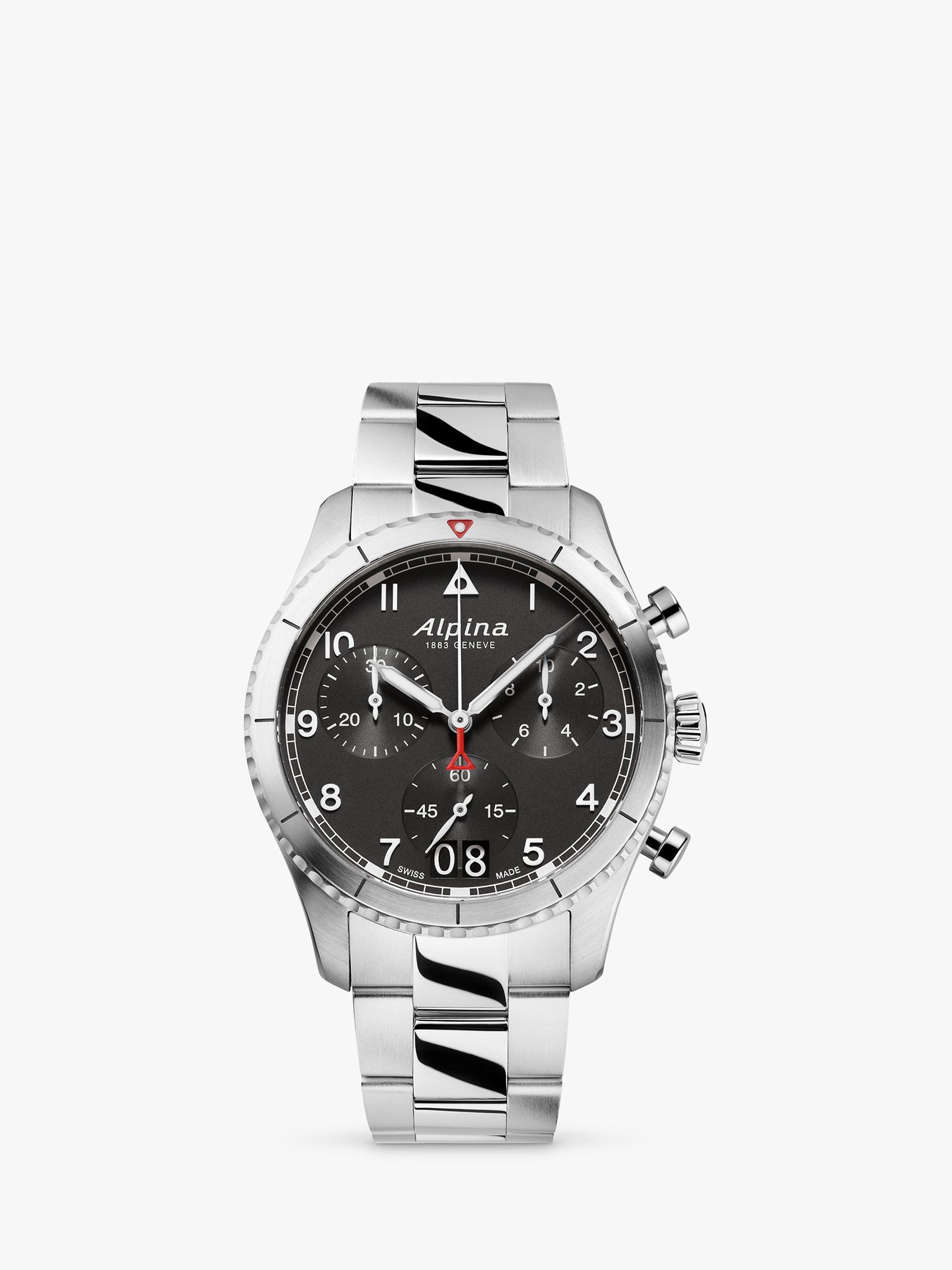 Product image 1 of 3, which shows Alpina AL-372BW4S26B Men's Startimer Pilot Date Chronograph Bracelet Strap Watch, Silver/Black