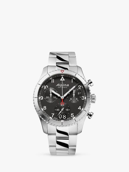 Alpina AL-372BW4S26B Men's Startimer Pilot Date Chronograph Bracelet Strap Watch, Silver/Black, Silver/Black