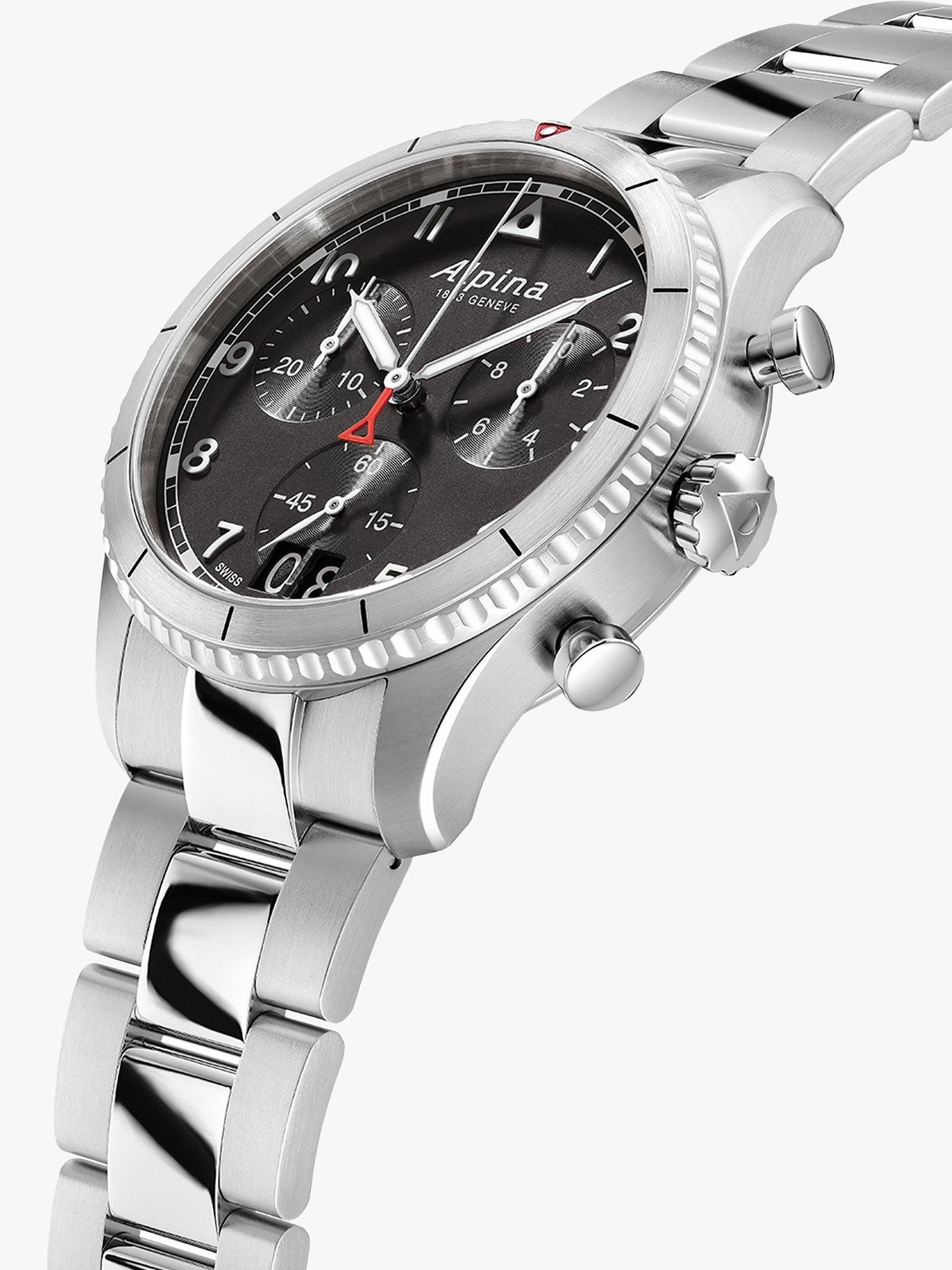 Product image 3 of 3, which shows Alpina AL-372BW4S26B Men's Startimer Pilot Date Chronograph Bracelet Strap Watch, Silver/Black