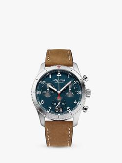 Alpina AL-372NW4S26 Men's Startimer Pilot Date Chronograph Leather Strap Watch, Brown/Blue, Brown/Blue