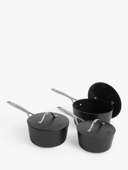 John Lewis Aluminium Ceramic Non-Stick Saucepan & Lid Set, 3 Piece, Black