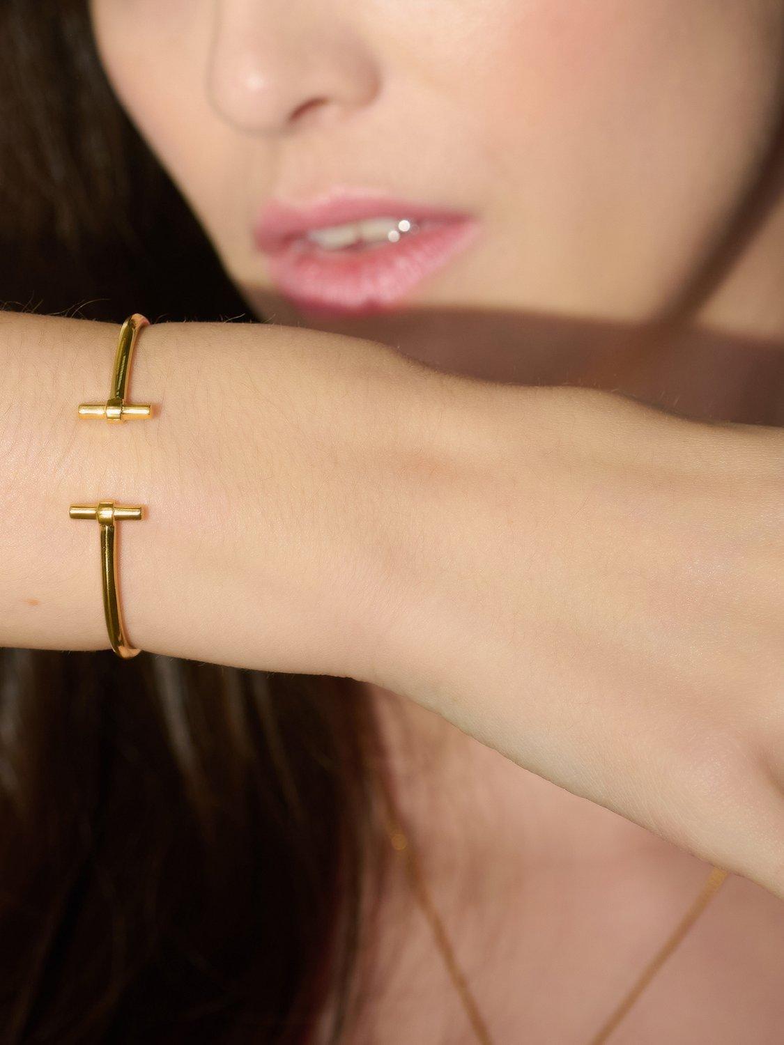 Product image 3 of 5, which shows Rachel Jackson London Adjustable T-Bar Bangle, Gold