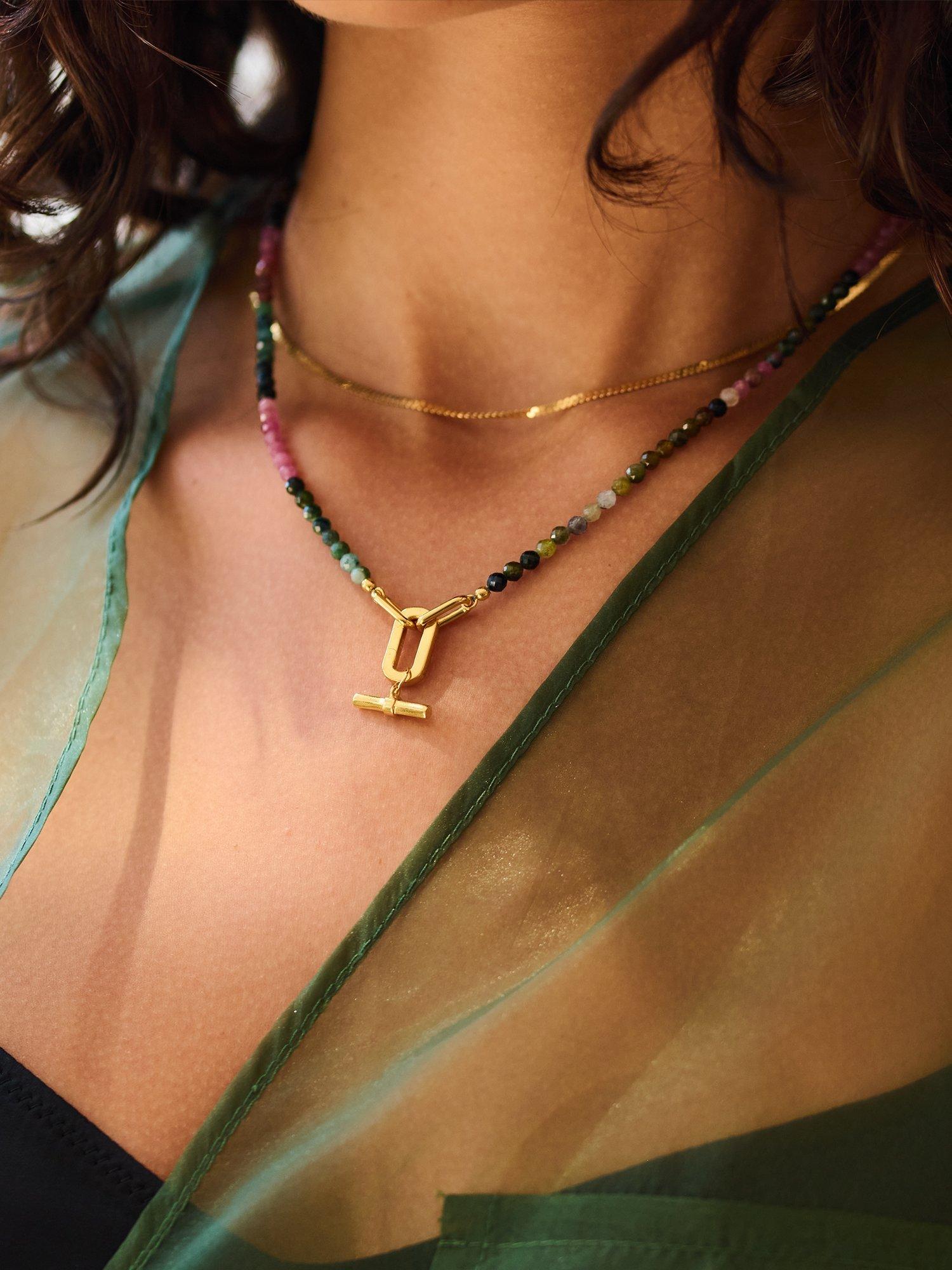 Product image 5 of 5, which shows Rachel Jackson London Tourmaline Gemstone T-Bar Necklace, Gold