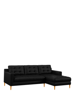 John Lewis Draper II RHF Chaise Leather Sofa, Light Leg, Matt Black