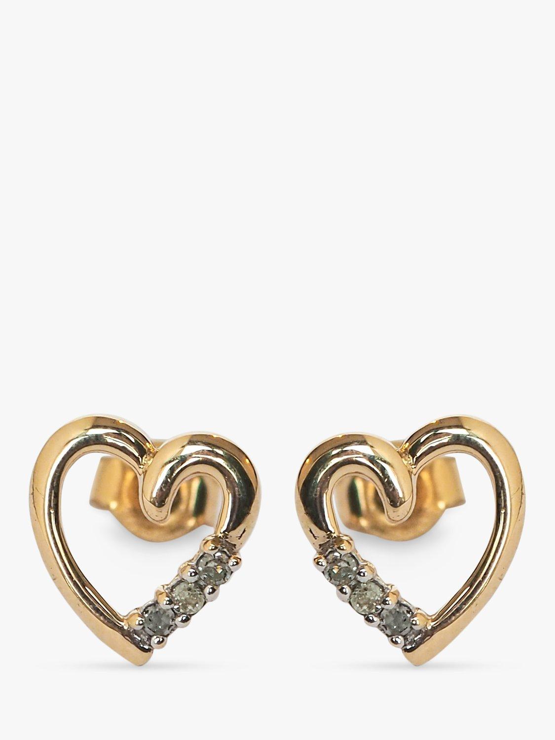 L & T Heirlooms Pre-Loved 9ct Yellow Gold Diamond Heart Stud Earrings, Gold