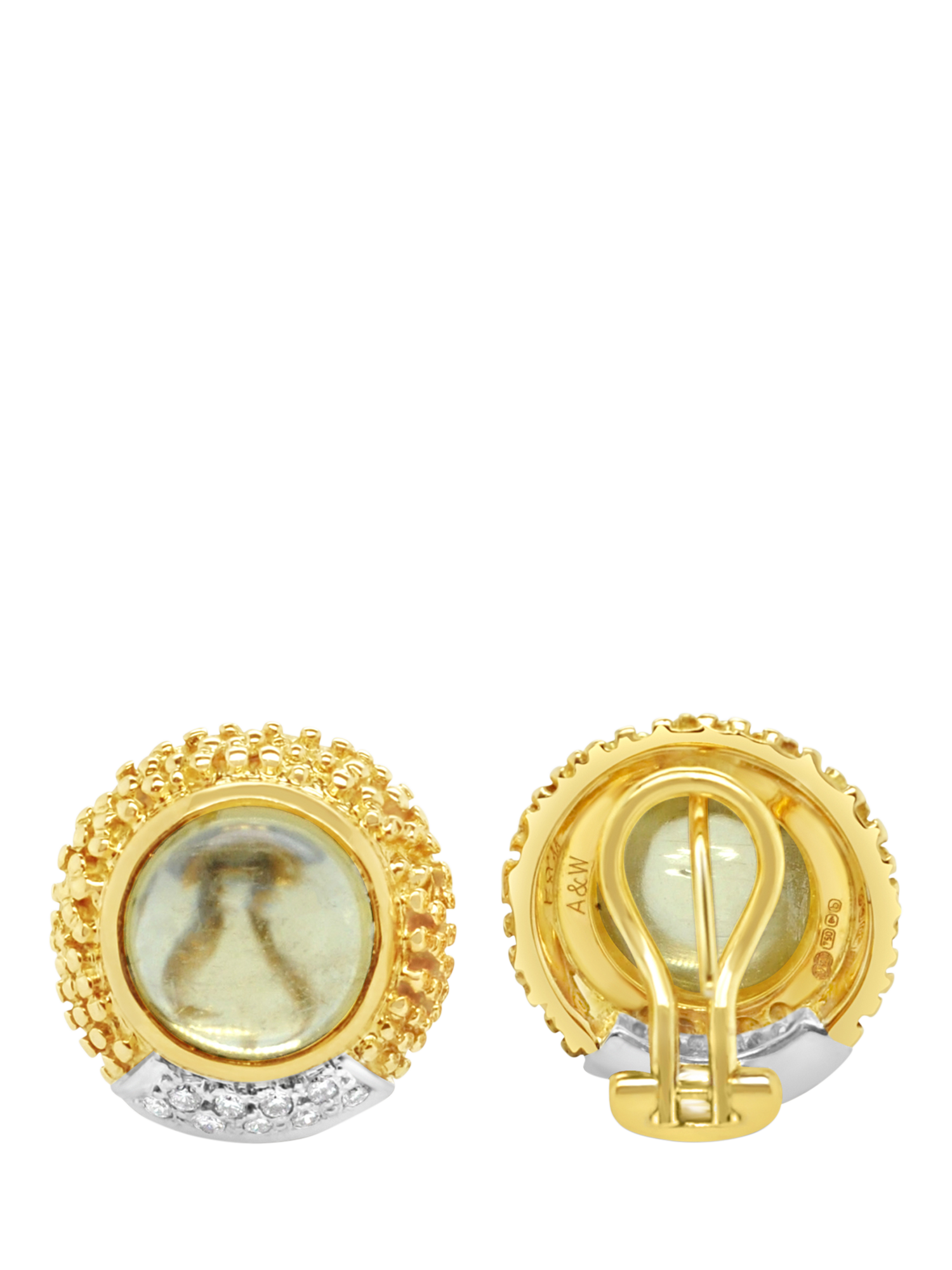 Product image 3 of 4, which shows Milton & Humble Jewellery Pre-Loved Alabaster & Wilson 18ct Yellow and White Gold Beryl and Diamond Stud Earrings, Gold