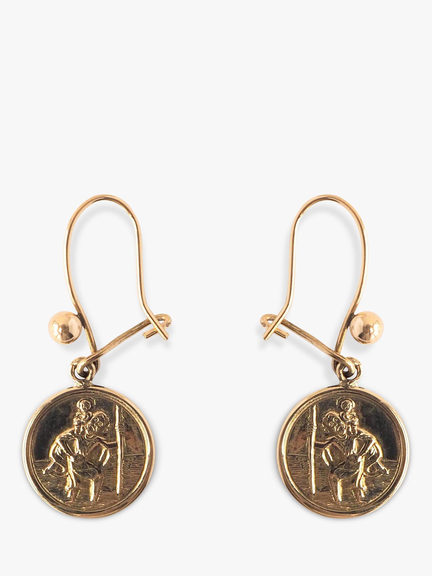 L & T Heirlooms Pre-Loved 9ct Yellow Gold St Christopher Drop Earrings, Gold