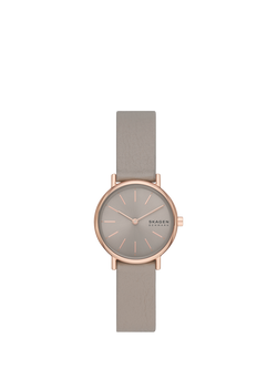 Skagen SKW3060 Women's Signatur Lille Leather Strap Watch, Rose Gold/Grey, Rose Gold/Grey