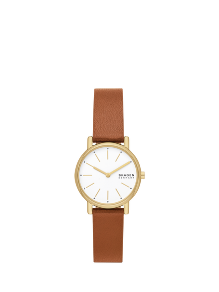 Skagen SKW3121 Women's Signatur Lille Leather Strap Watch, Gold/Brown, Gold/Brown
