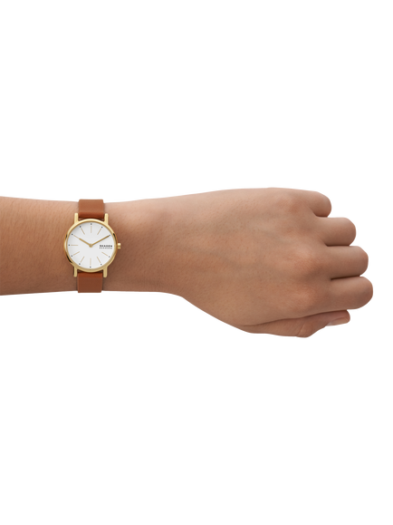 Skagen SKW3121 Women's Signatur Lille Leather Strap Watch, Gold/Brown - view 2, Gold/Brown