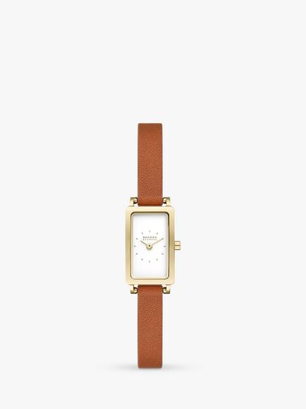 Skagen SKW3149 Women's Hagen Micro Leather Strap Watch, Brown/White, Brown/White