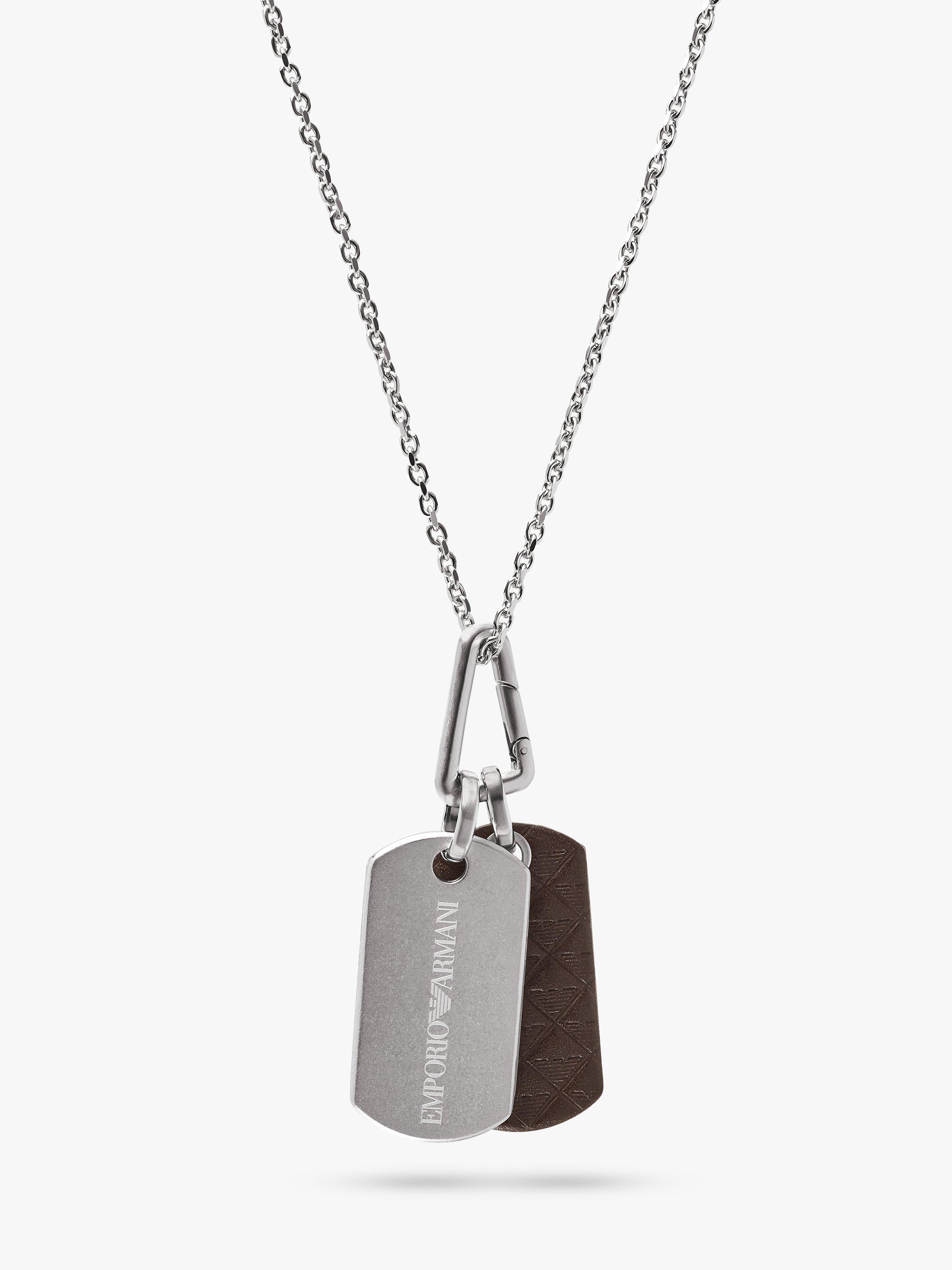 Emporio Armani Men s Logo Leather Dog Tag Necklace Silver