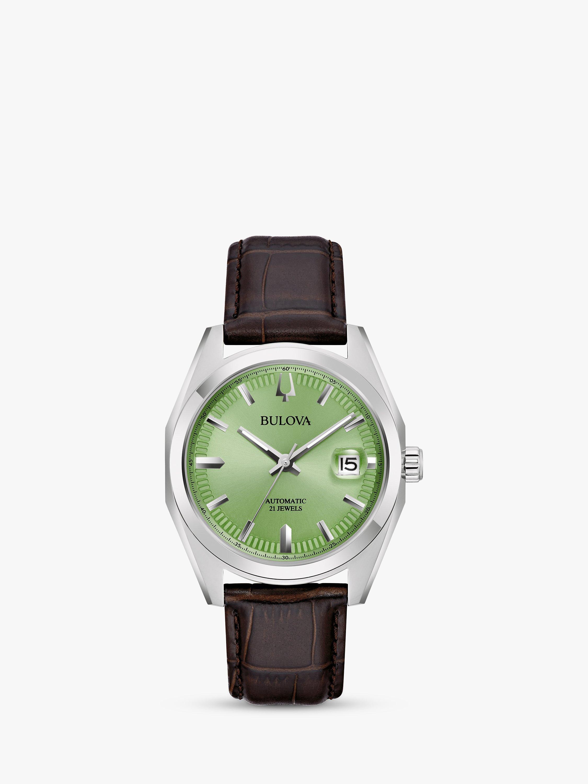 Product image 1 of 5, which shows Bulova 96B427 Men's Surveyor Automatic Date Leather Strap Watch, Brown/Green