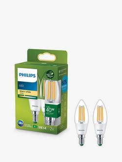 Philips Ultra Efficient 2.3W E14 LED Candle Bulb, Pack of 2, White/Clear, White
