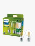 Philips Ultra Efficient 2.3W E27 LED Classic Bulb, Pack of 2, Warm White/Clear