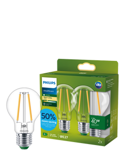 Philips Ultra Efficient 2.3W E27 LED Classic Bulb, Pack of 2, Warm White/Clear, White