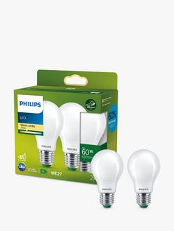 Philips Ultra Efficient 60W A60 E27 LED Classic Bulb, Pack of 2, Warm White, White