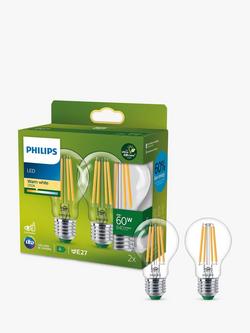 Philips Ultra Efficient 4W E27 LED Classic Bulb, Pack of 2, Warm White/Clear, Warm White/Clear