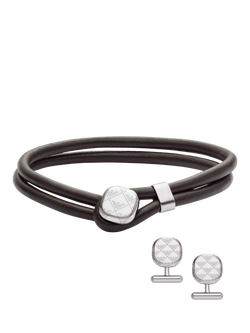 Emporio Armani Men's Leather Bracelet and Cufflinks Jewellery Set, Silver, Silver
