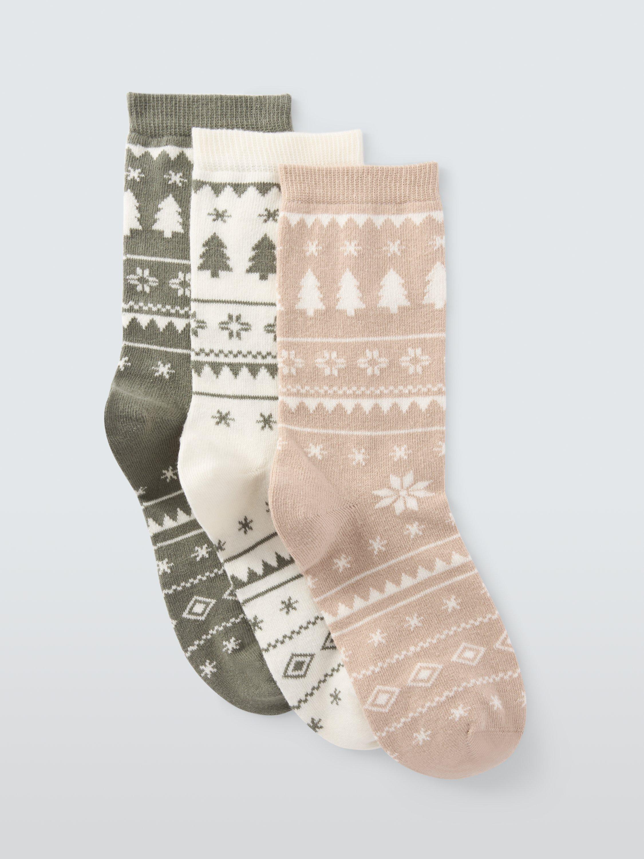 Product image 1 of 2, which shows John Lewis Fair Isle Print Organic Cotton Blend Socks, Pack of 3, Green/Ivory