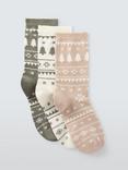 John Lewis Fair Isle Print Organic Cotton Blend Socks, Pack of 3, Green/Ivory