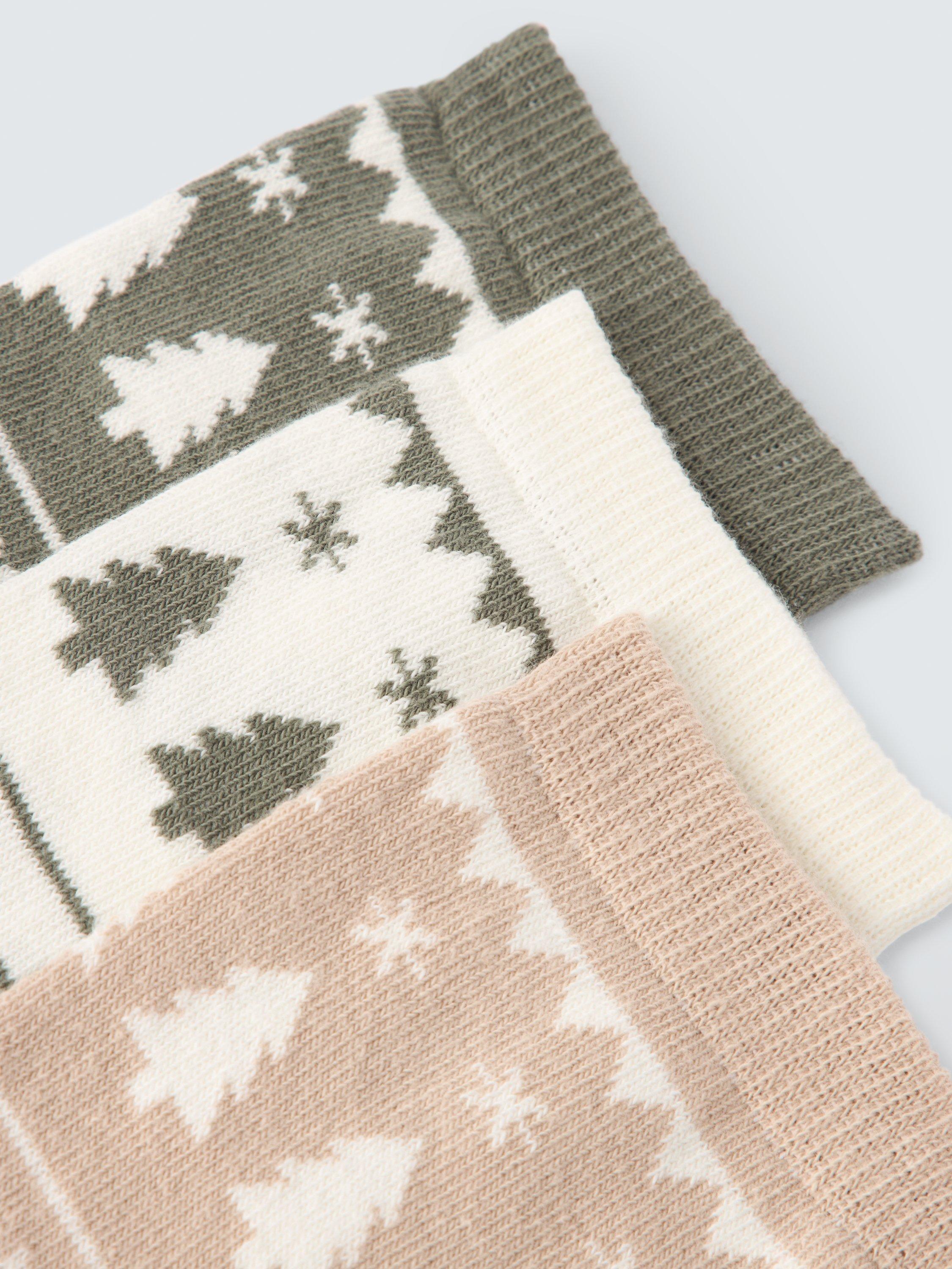 Product image 2 of 2, which shows John Lewis Fair Isle Print Organic Cotton Blend Socks, Pack of 3, Green/Ivory