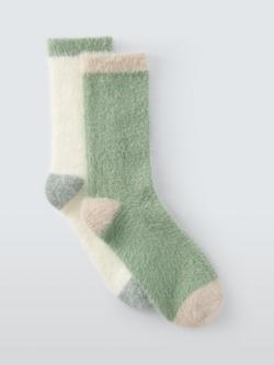 John Lewis Fluffy Lounge Socks, Pack of 2, Green/Multi