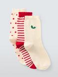 John Lewis Holly Embroidered Organic Cotton Blend Ankle Socks, Pack of 3, Red/Ivory