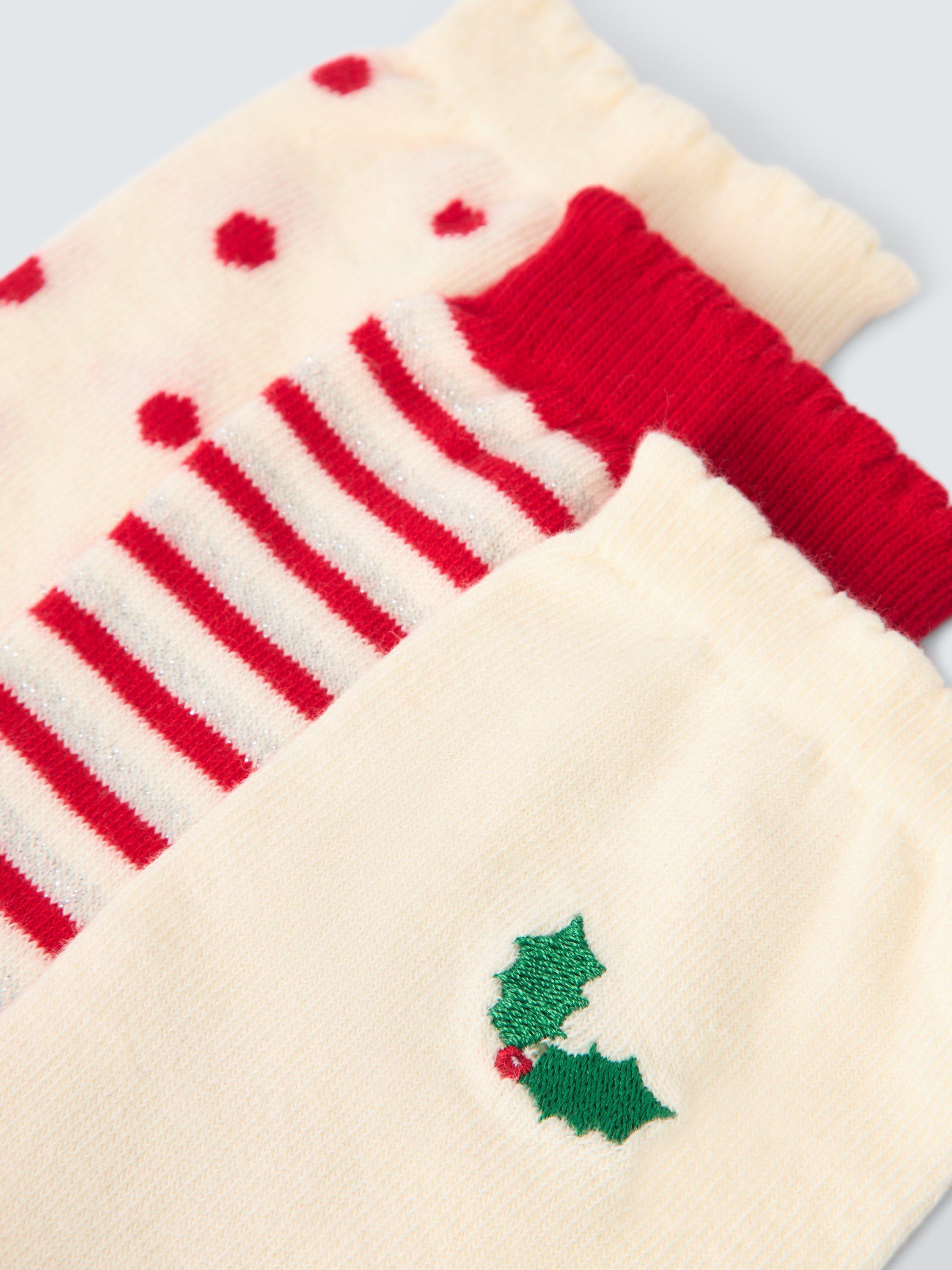 Product image 2 of 2, which shows John Lewis Holly Embroidered Organic Cotton Blend Ankle Socks, Pack of 3, Red/Ivory