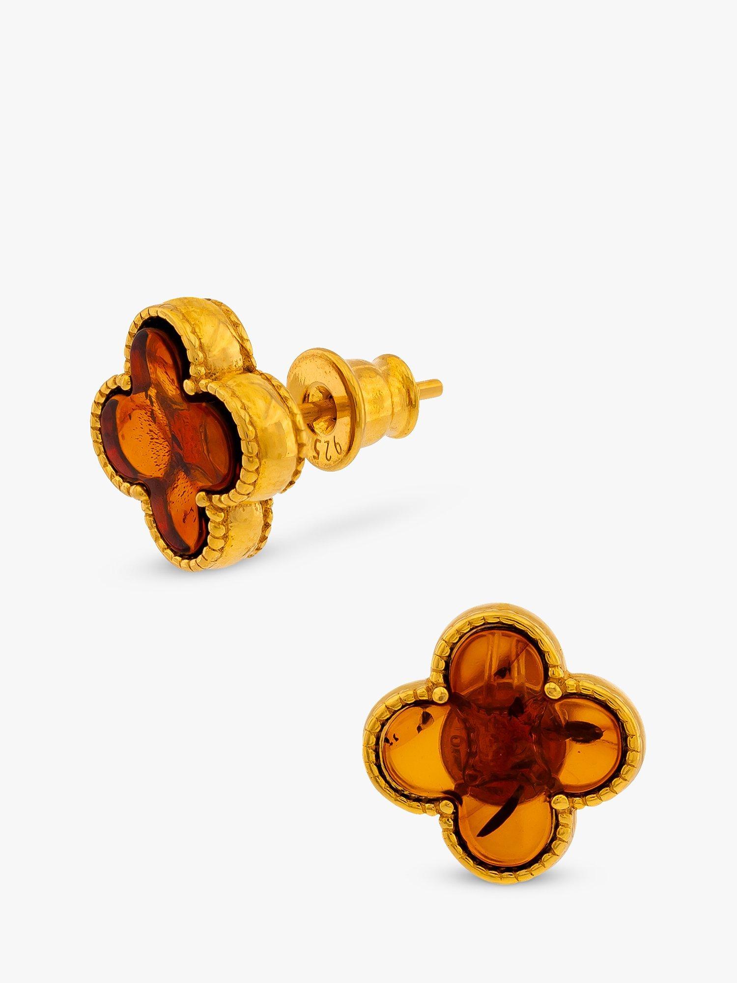 Product image 1 of 4, which shows Be-Jewelled Baltic Cognac Amber Clover Stud Earrings, Gold