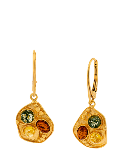 Be-Jewelled Baltic Multicolour Amber Drop Earrings, Gold, Cognac, Lemon And Green Amber, Gold
