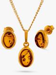 Be-Jewelled Baltic Amber Oval Pendant Necklace and Stud Earrings Jewellery Set, Gold