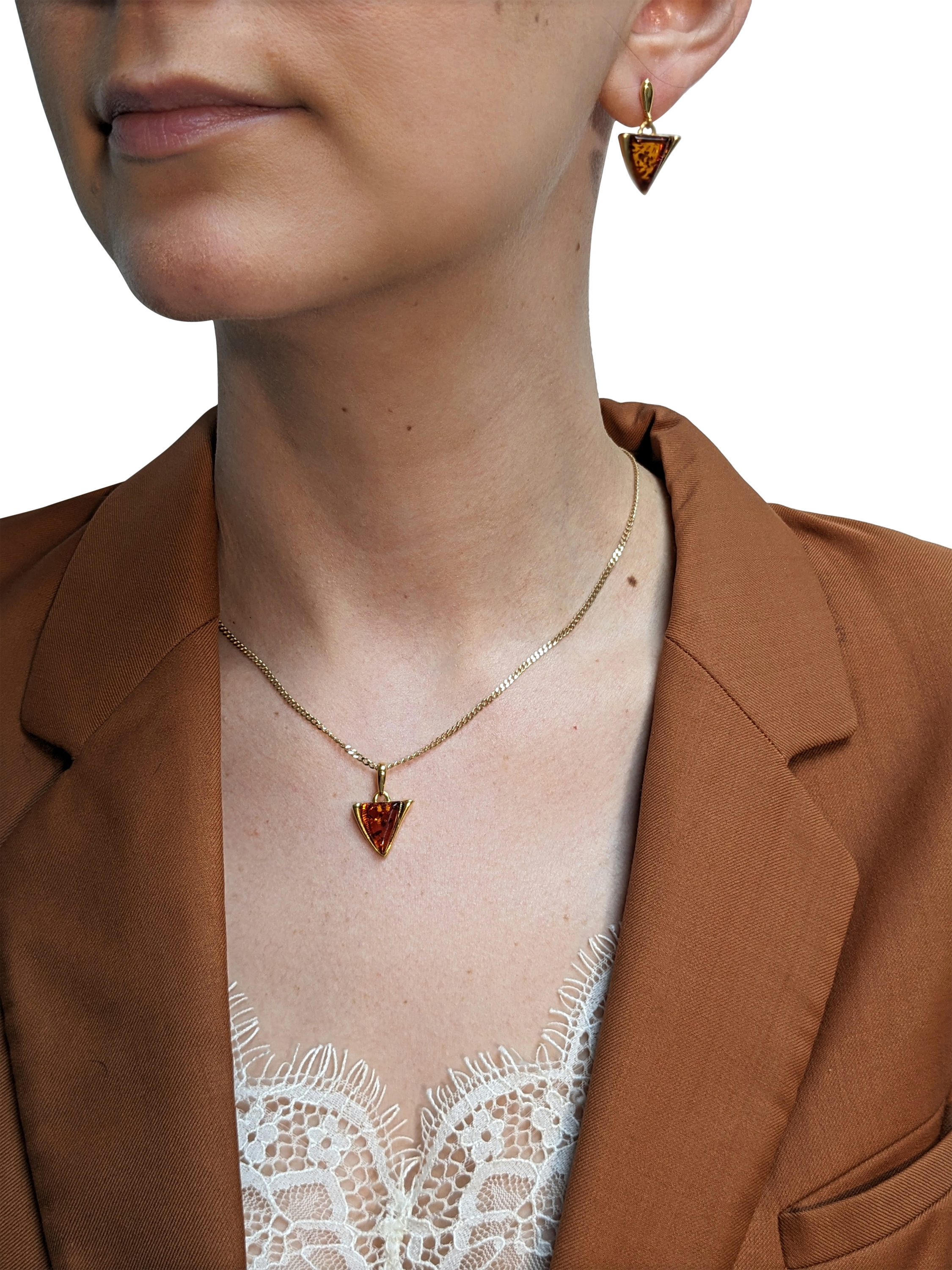 Product image 2 of 3, which shows Be-Jewelled Baltic Amber Triangle Pendant Necklace, Gold