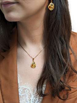 Be-Jewelled Baltic Amber Pendant Necklace, Gold/Multi - view 2, Cognac, Lemon, Green